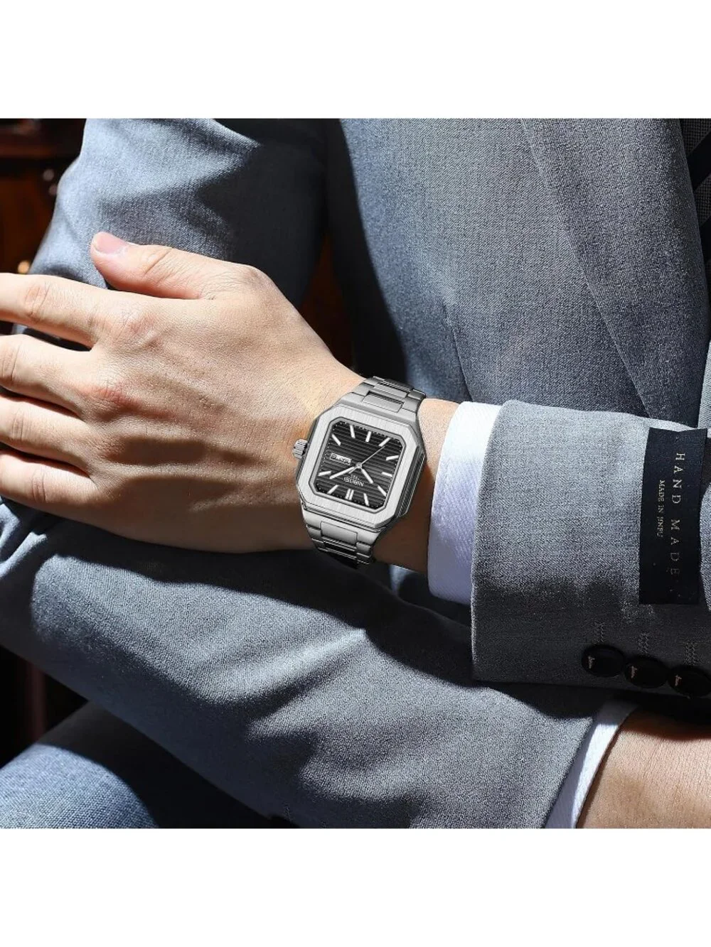 Men's Silver Black Square Analog Quartz Stainless Steel  Waterproof Wrist Watch
